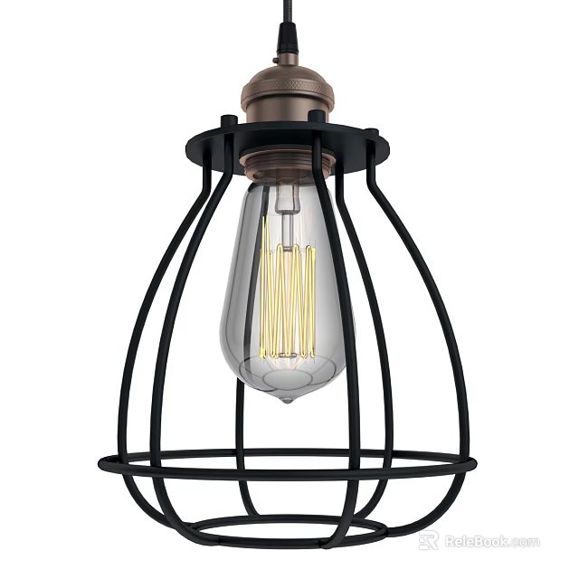 Industrial Style Pendant Light With Black Metal Cage And Clear Glass Bulb 3d model 