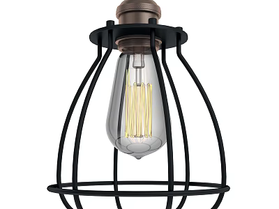 Industrial Style Pendant Light With Black Metal Cage And Clear Glass Bulb 3d model