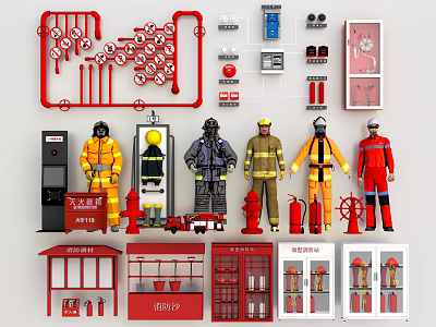 Comprehensive Fire Equipment Collection Including Fire Suits Extinguishers Hydrants Cabinets And Alarm Systems 3d model