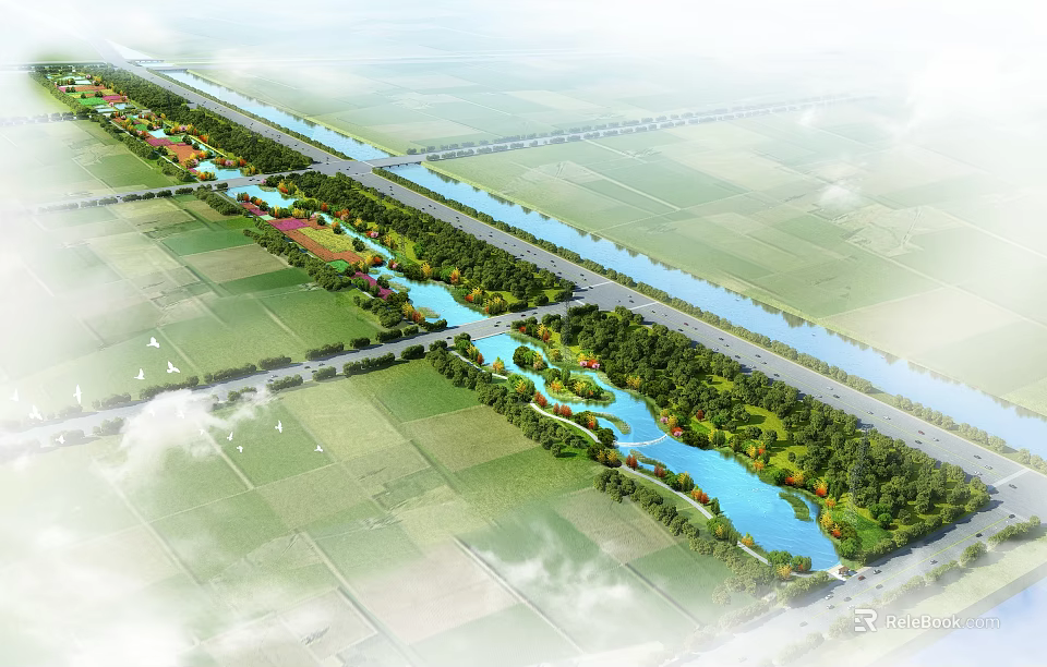 Rural Landscape With Winding River Lush Green Farmland Trees And Roads 3d model 