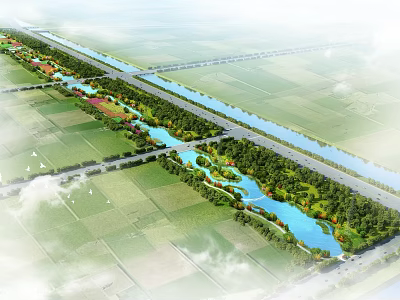Rural Landscape With Winding River Lush Green Farmland Trees And Roads 3d model