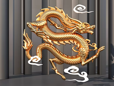 Golden Dragon Sculpture Carving With Cloud Decorations And Gray Pillar Background 3d model