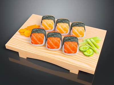 Fresh Assorted Salmon Sushi Served On Wooden Platter With Vegetable Sides 3d model