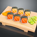 Fresh Assorted Salmon Sushi Served On Wooden Platter With Vegetable Sides