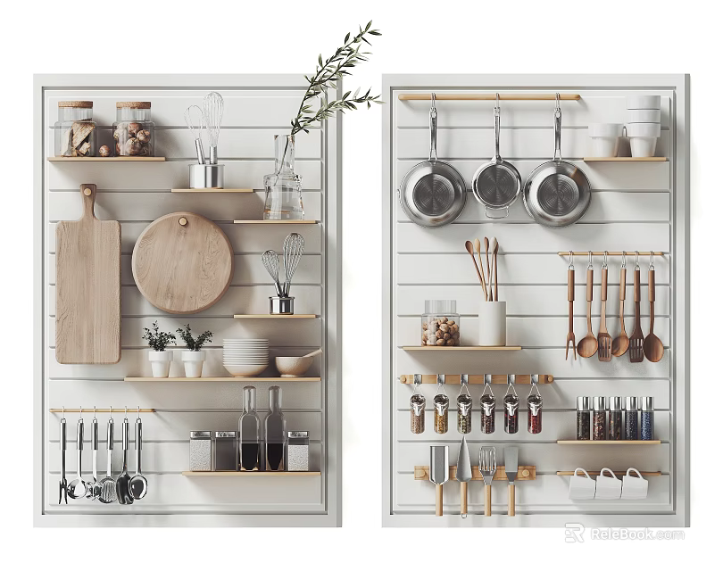 Kitchenware Display On Wall Shelves With Pans Utensils And Boards 3d model 