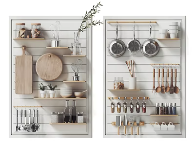 Kitchenware Display On Wall Shelves With Pans Utensils And Boards 3d model