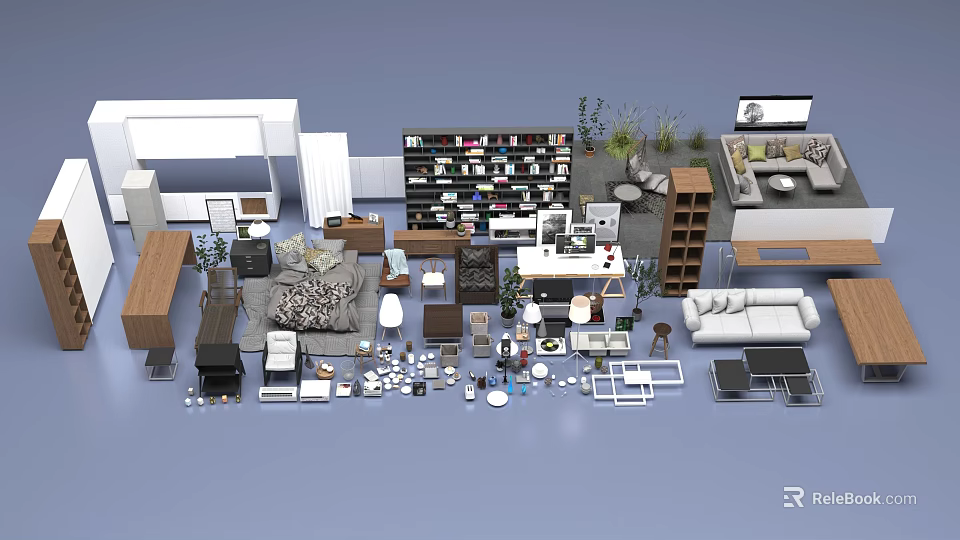 Modern Home Furniture And Decor Elements Including Sofa Bookshelf Table Lamp And Plant 3d model 