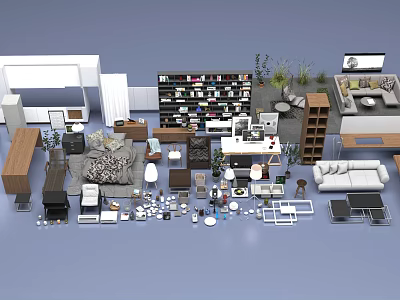 Modern Home Furniture And Decor Elements Including Sofa Bookshelf Table Lamp And Plant 3d model