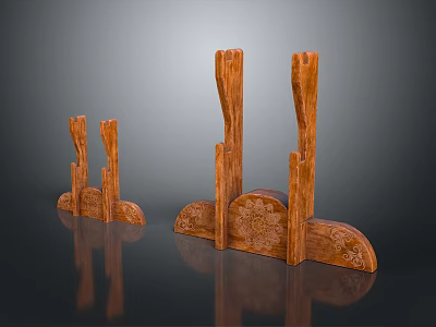 Traditional Wooden Storage Shelving Units with Intricate Carved Patterns in Three Sizes 3d model