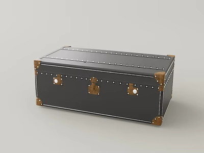 Black Vintage Trunk With Metal Rivets And Golden Corner Accents 3d model