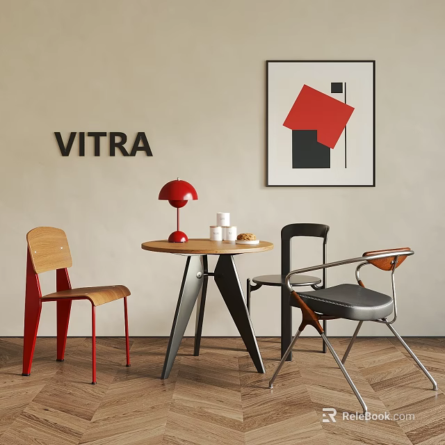 Stylish VITRA Table And Chair Set With Round Wooden Table Red Lamp And Geometric Artwork 3d model 