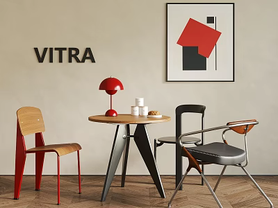 Stylish VITRA Table And Chair Set With Round Wooden Table Red Lamp And Geometric Artwork 3d model