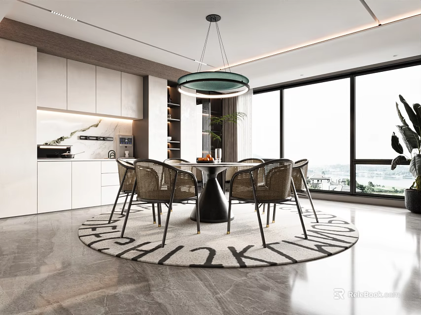 Modern Elegant Restaurant Interior with Round Dining Table Rattan Chairs Chandelier and Large Windows 3d model 