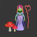 Magical Fairy With Red Hair Pink Purple Dress Red White Spotted Mushrooms Heart Shaped Staff