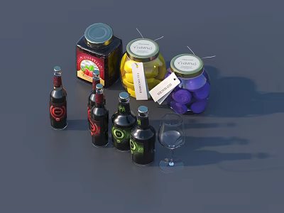 Wine Bottles And Wine Glass With Various Colored Jars And Tags On Gray Background 3d model