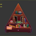 Red Triangular Furniture Shelf with Open Doors Books Small Items and Bottom Drawer
