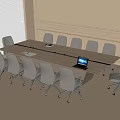 Modern Conference Table In Meeting Room With Gray Chairs Laptop And Decorative Walls