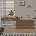 Elegant Modern Wooden Dressing Table With Irregular Mirror Transparent Chair And Green Plant