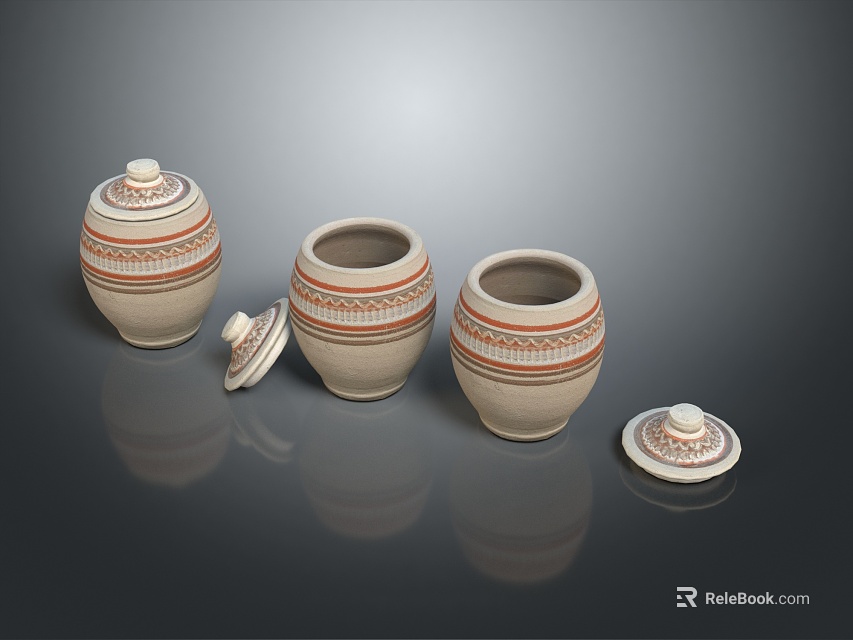 Handcrafted Ceramic Jars With Intricate Patterns And Matching Lids For Home Decor 3d model 