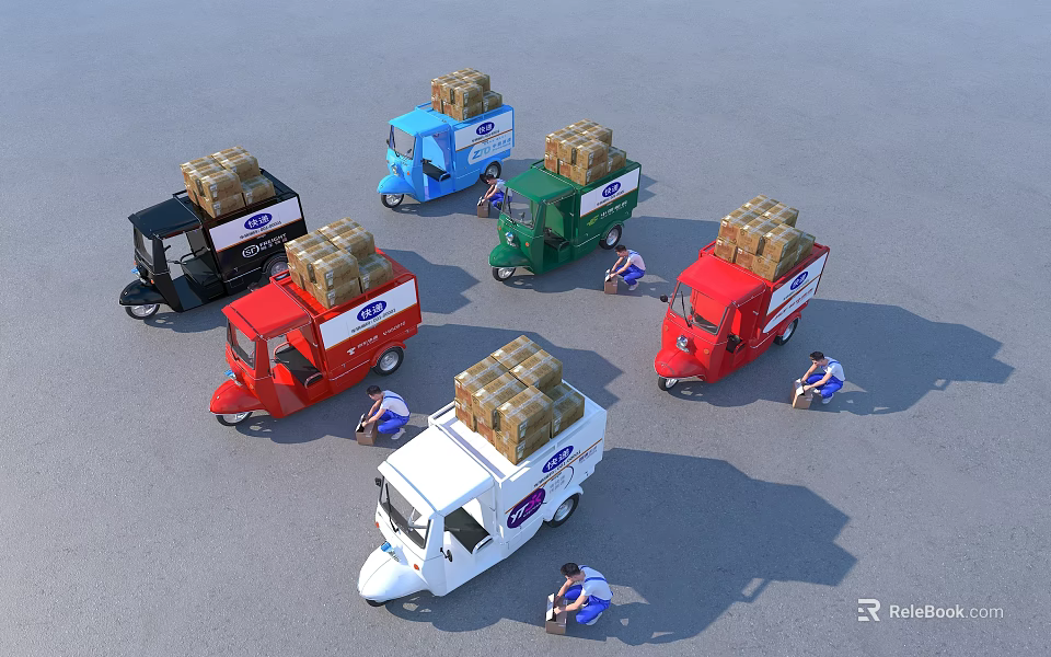 Colorful Horse Drawn Carriages Loaded With Cargo Boxes And People Loading Goods 3d model 