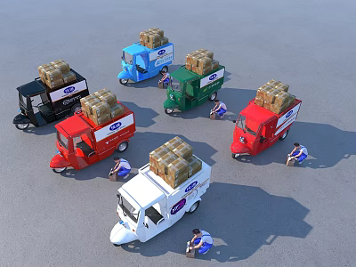 Colorful Horse Drawn Carriages Loaded With Cargo Boxes And People Loading Goods 3d model