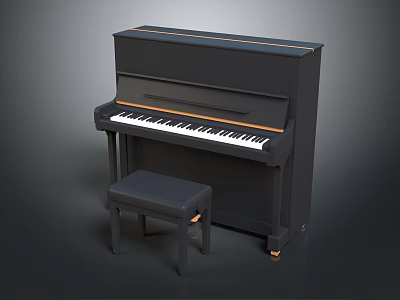 Classic Black Upright Piano With Matching Wooden Piano Bench For Home Music Room 3d model