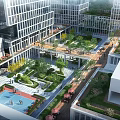 Modern Commercial Complex With Green Roofs Surrounded By Lush Trees And Integrated Spaces