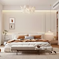 Modern Bedroom Interior With White Bed Chandelier Decorative Paintings And Bench