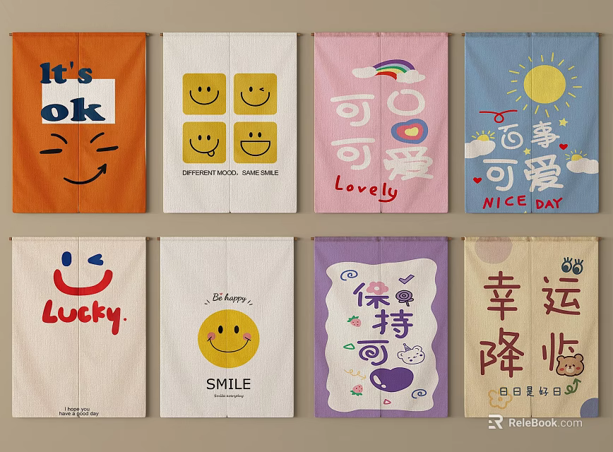 Colorful Decorative Curtains With Smiley Faces Text And Rainbow Patterns 3d model