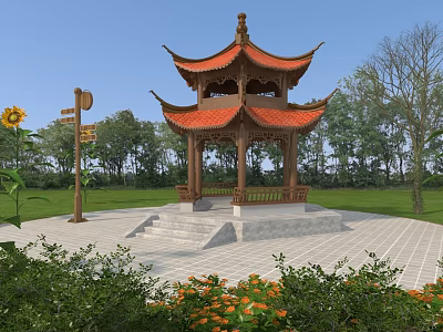 Chinese Traditional Pavilion With Red Roof Wooden Structure In Garden With Sunflowers And Signpost 3d model