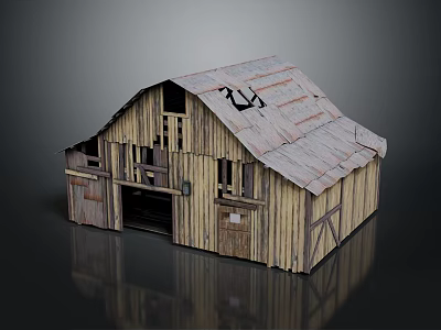 Old Industrial Barn With Wooden Structure Damaged Roof Wooden Doors And Windows 3d model