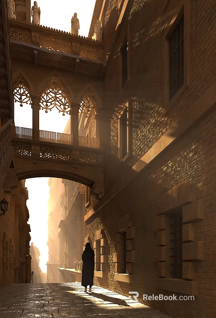 Historic Commercial Street With Arched Architecture Stone Balconies And Sunlit Brick Walkway 3d model 