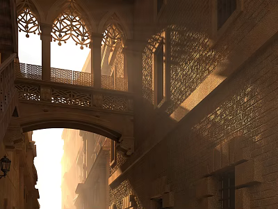 Historic Commercial Street With Arched Architecture Stone Balconies And Sunlit Brick Walkway 3d model