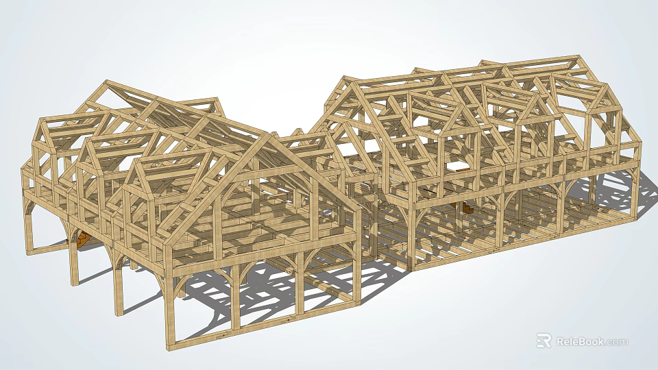 Wooden House Frame Construction with Multiple Roof Structures and Wooden Beams 3d model 
