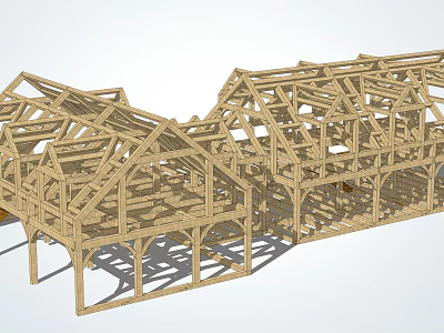 Wooden House Frame Construction with Multiple Roof Structures and Wooden Beams 3d model