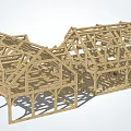 Wooden House Frame Construction with Multiple Roof Structures and Wooden Beams