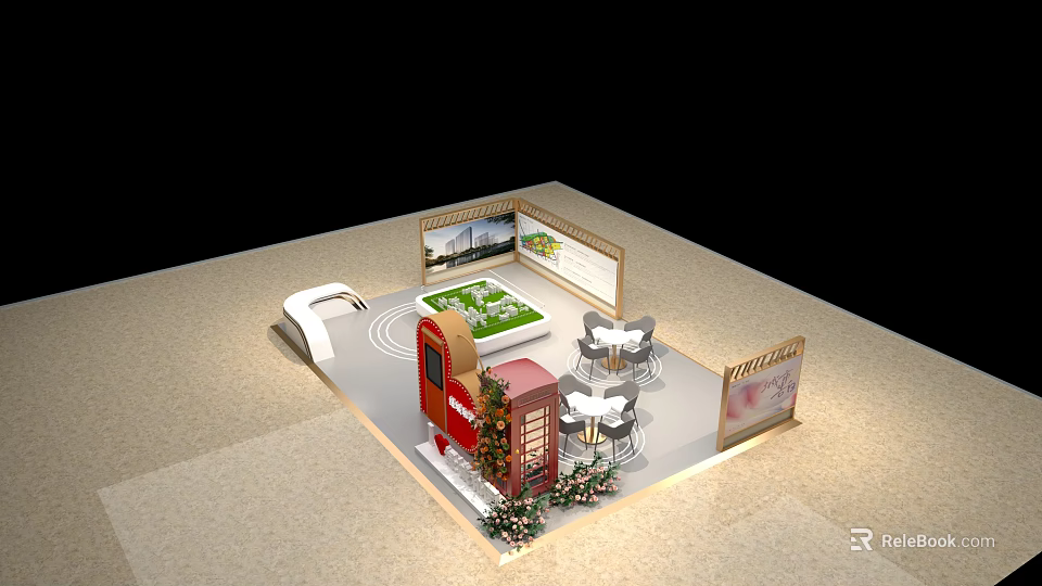 Modern Exhibition Booth Design With Display Screens Tables Chairs And Green Decorations 3d model 