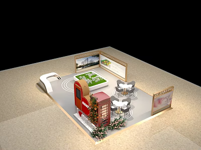 Modern Exhibition Booth Design With Display Screens Tables Chairs And Green Decorations 3d model