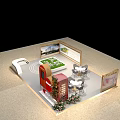Modern Exhibition Booth Design With Display Screens Tables Chairs And Green Decorations