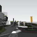 Modern Commercial Street With Tall Buildings Green Spaces And Urban Roads