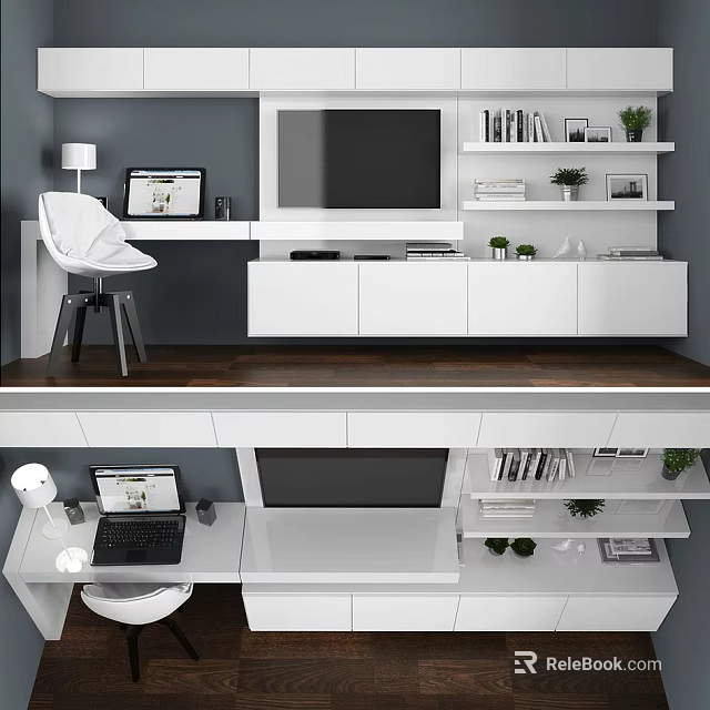 Modern TV Cabinet Interior Design With White Shelves Books Green Plants And Wooden Top 3d model 