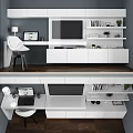 Modern TV Cabinet Interior Design With White Shelves Books Green Plants And Wooden Top