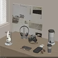 Modern Headphones And Wireless Speaker On Wooden Desk With Camera Smartphone And Sunglasses