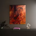 Abstract Painting With Red Orange Black Tones And Textured Layers On Wall