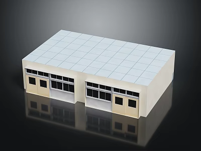 Single Story Building Exterior with White Grid Patterned Roof and Front Windows Doors 3d model