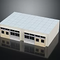 Single Story Building Exterior with White Grid Patterned Roof and Front Windows Doors