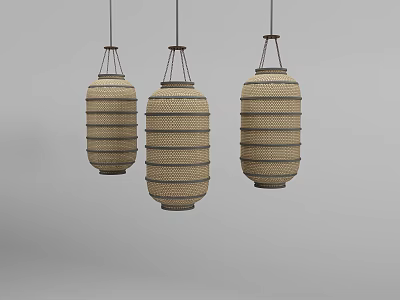 Woven Cylindrical Pendant Lights In Natural Tone Hanging Three For Decor 3d model