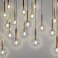Modern Multiple Hanging Pendant Lights with Brass Frame Transparent Glass Shades and Illuminated Bulbs
