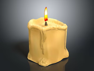 Burning Yellow Candle With Dripping Wax And Bright Flame On Dark Background 3d model