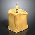 Burning Yellow Candle With Dripping Wax And Bright Flame On Dark Background